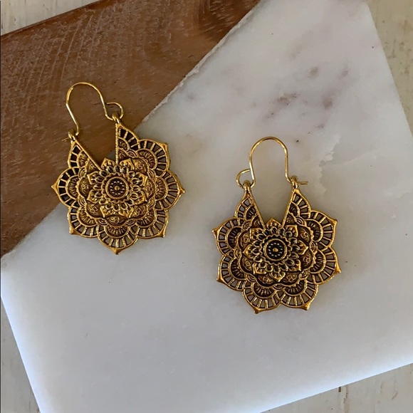 Antique Gold Mandala Flower Earrings - Picture 2 of 6